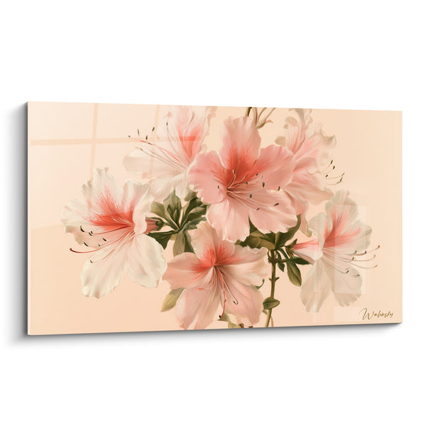 Tableau Fleurs blanches et roses sur fond pêche - Vitrage quadrillé en transparence - Edition Azalée