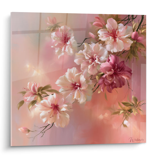 Branche d'azalées blanches et roses aux cœurs pourpres, sur fond dégradé ocre et rosé lumineux