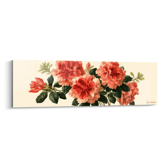 Azalées corail et roses en pleine floraison sur fond ivoire, feuillage vert profond détaillé