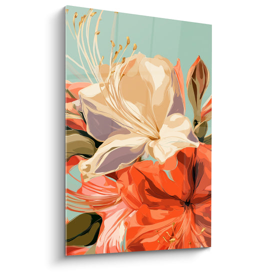 Tableau Fleur ivoire et orange sur fond turquoise - Pétales veinés dorés - Edition Azalée