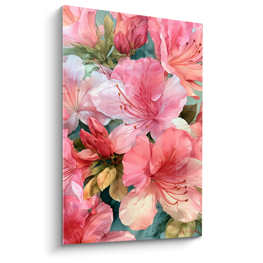 Tableau Fleurs roses et blanches aux boutons fermés - Fond bleu sarcelle - Edition Azalée