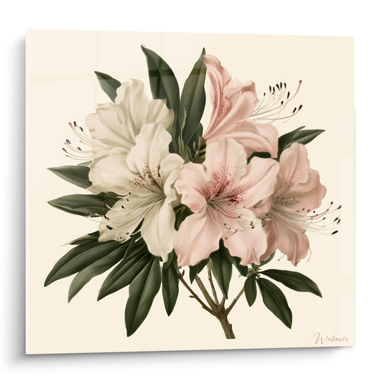 Azalées roses et blanches en fleurs, pétales délicats et feuillage vert olive sur fond crème