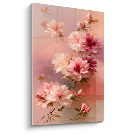 Azalées roses, blanches et bordeaux peintes en cascade sur fond dégradé rosé et gris perle