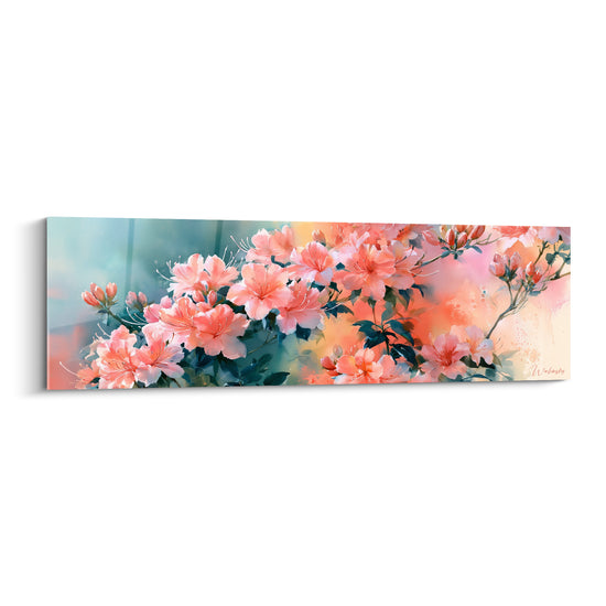 Azalées roses et corail en fleurs sur fond bleu pétrole flouté, style aquarelle délicat