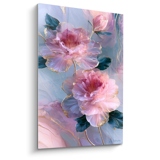 Azalée rose et magenta aux contours dorés, feuilles bleu pétrole sur fond marbré lilas