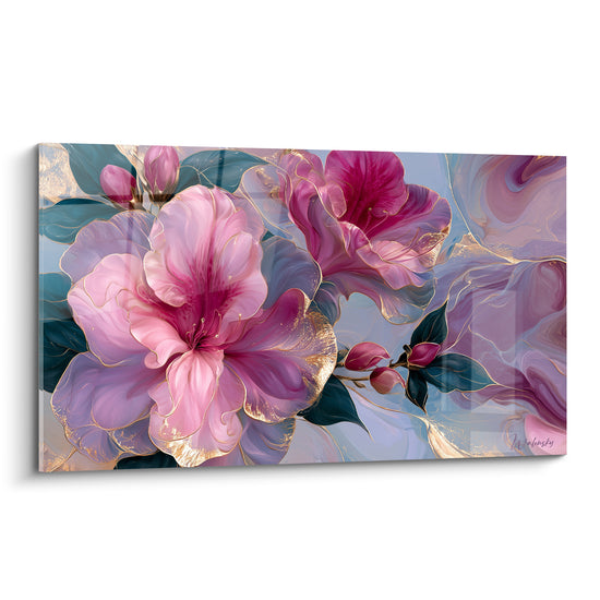 Azalée aux pétales roses et magenta, liserés dorés, feuillage bleu pétrole sur fond marbré