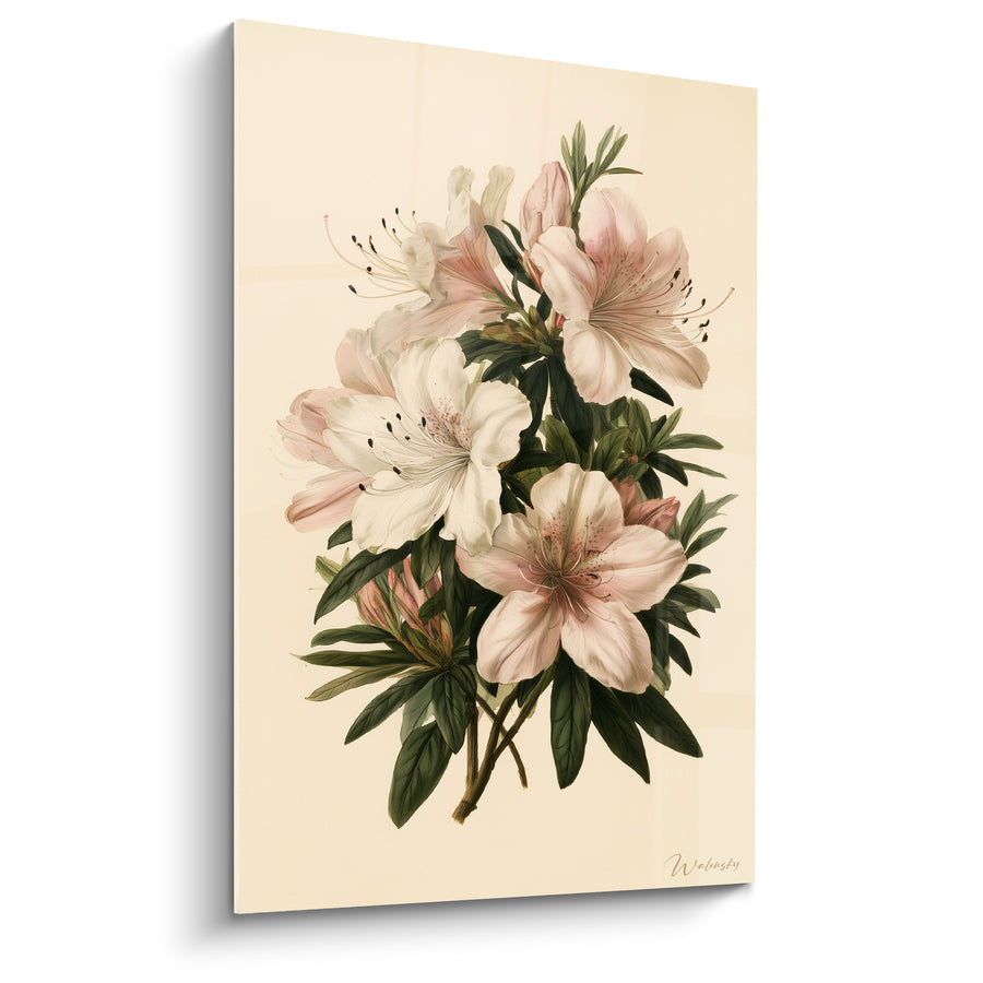 Tableau Azalées roses et ivoire sur fond crème - Botanique délicate - Edition Azalée