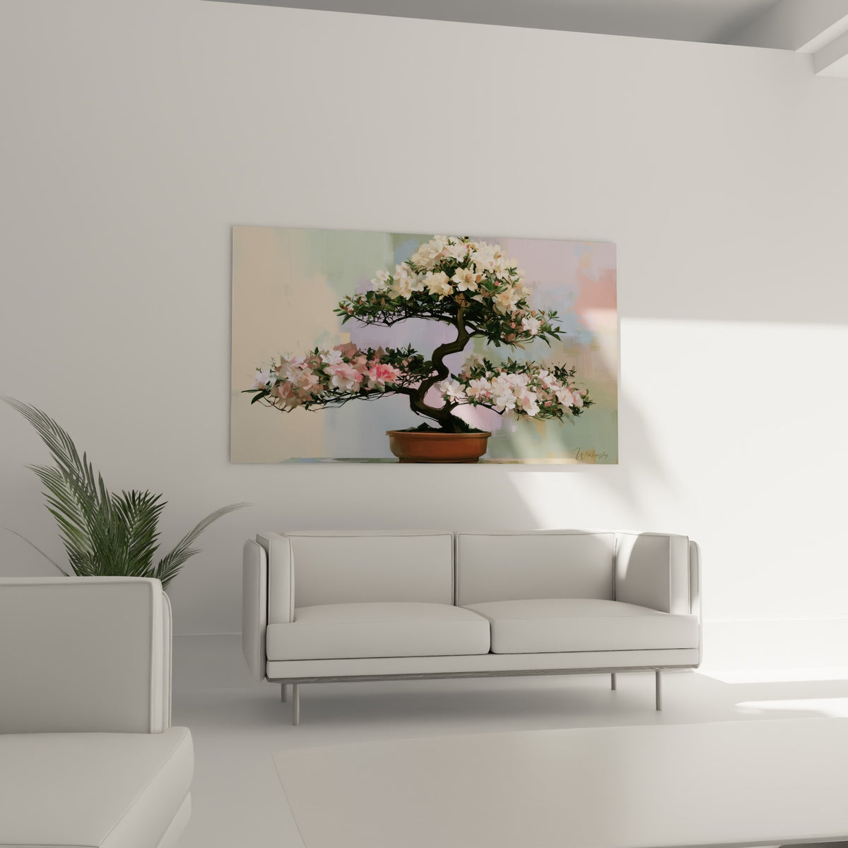 Bonsaï fleuri rose et vert, pot en terre cuite, suspendu au-dessus d'un canapé dans un salon lumineux