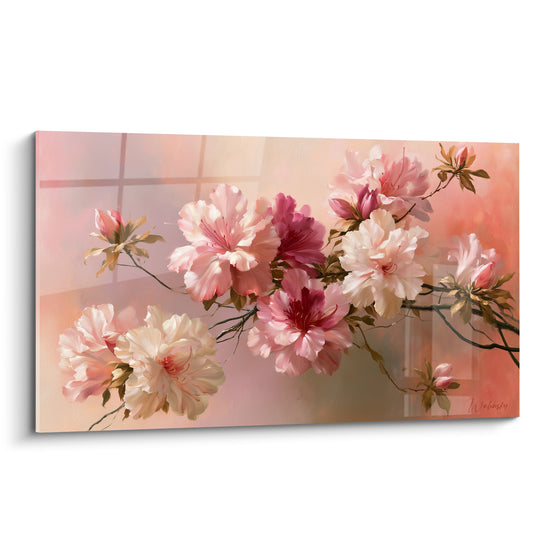 Azalée aux pétales rose fuchsia et blanc crème peinte sur fond pêche lumineux