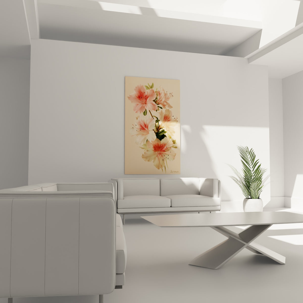Fleurs d'azalée rose vif et blanc crème positionnées au-dessus d'un canapé dans un salon lumineux