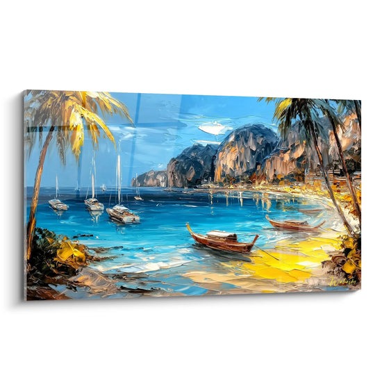 Tableau mural baie tropicale avec voiliers blancs palmiers dorés et falaises méditerranéennes peinture à l'huile