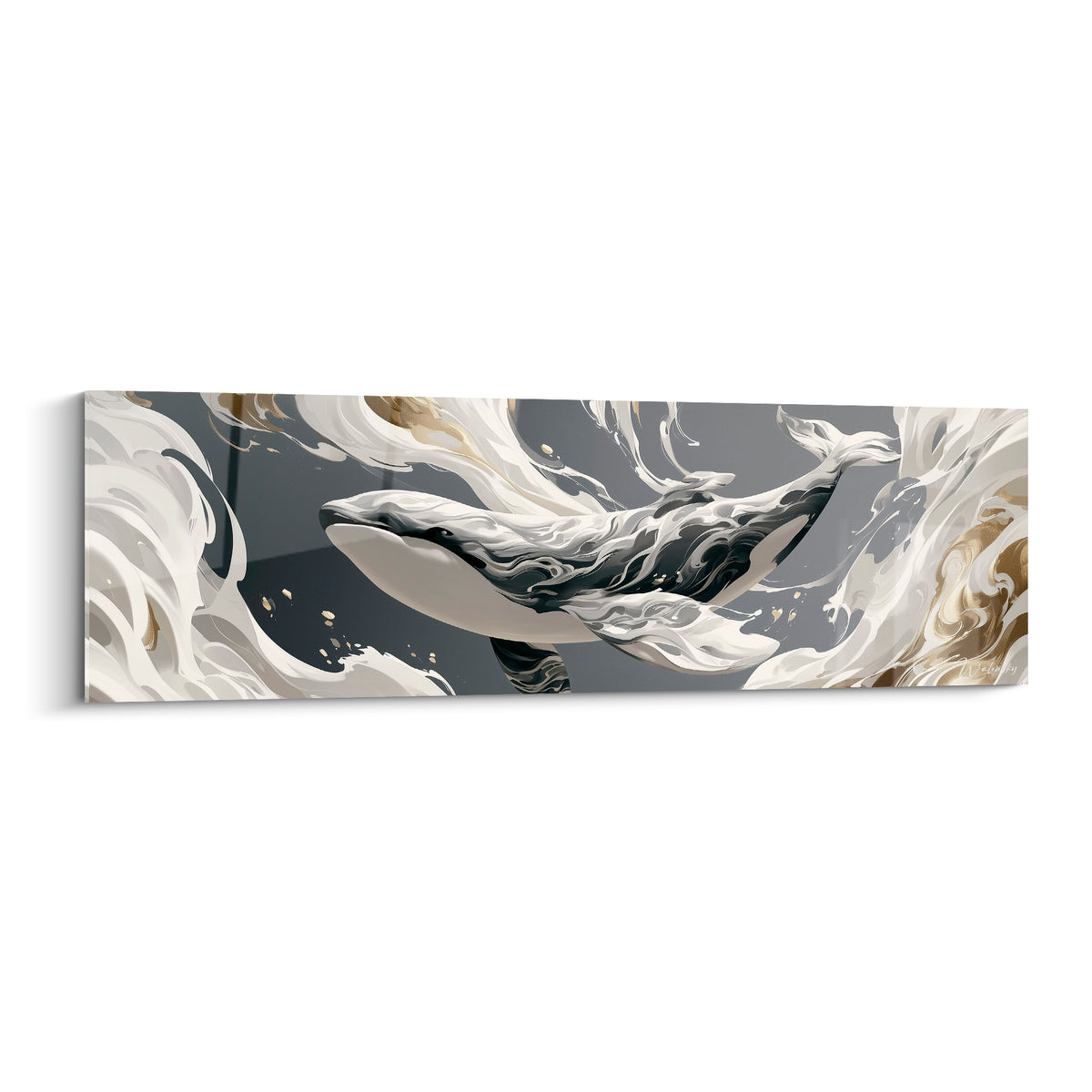 Baleine anthracite aux volutes dorées et blanc crème, nage marbrée dans un fond gris profond
