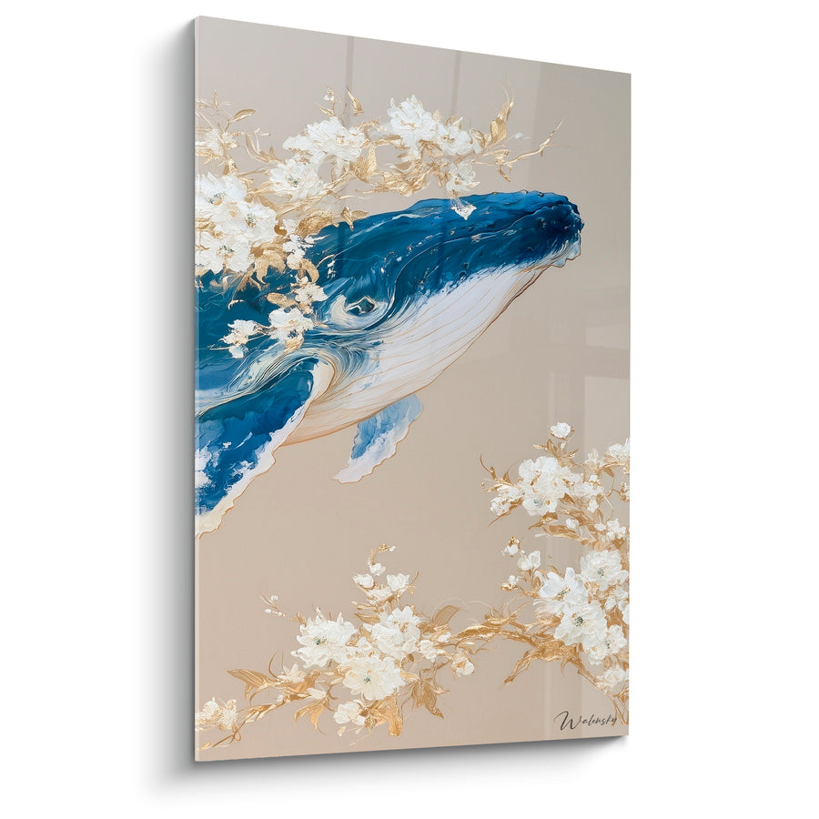 Tableau Baleine bleu marine et beige fleurs dorées - Éveil floral - Edition Baleine