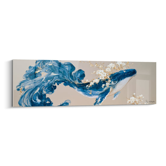 Tableau Baleine bleu marine et doré fleurs blanches - Éveil floral marin - Edition Baleine