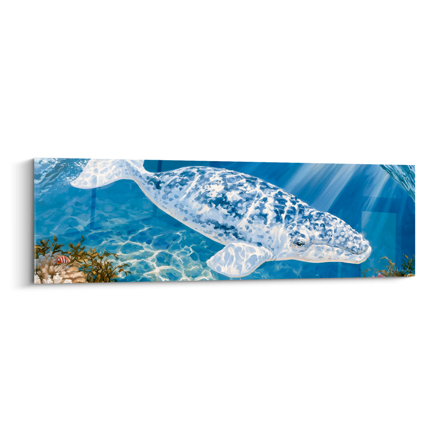 Tableau Baleine bleu marine et blanc marbré récif corallien - Lumière sous-marine - Edition Baleine