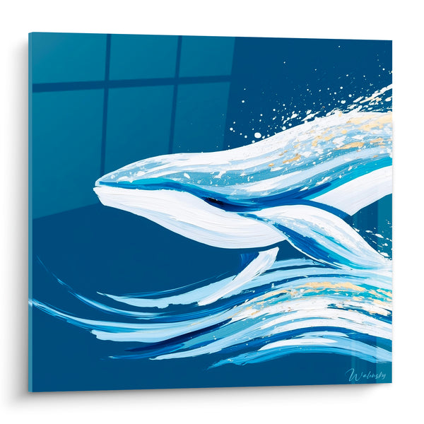 Tableau Baleine bleu marine et doré éclaboussures d'écume - Bond hors des flots - Edition Baleine