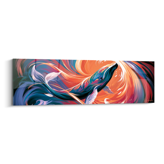 Tableau Baleine bleu pétrole et orange vif tourbillon flamboyant - Brasier tourbillonnant - Edition Baleine