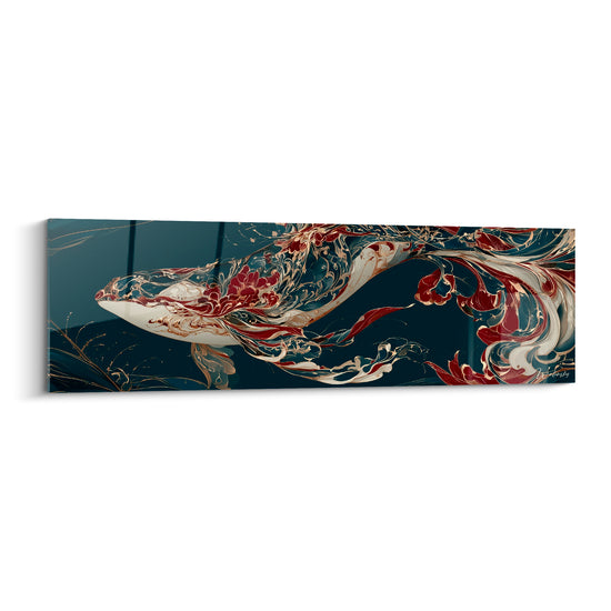 Tableau Baleine bleu marine et rouge fluide ornementale - Songe abyssal - Edition Baleine
