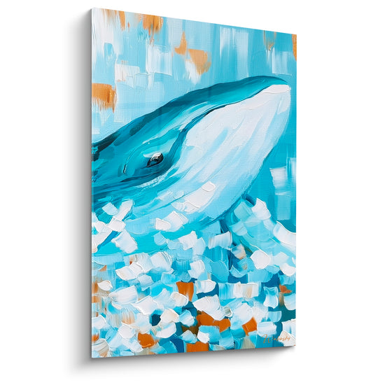 Tableau Baleine bleu turquoise et touches dorées - Émergence des flots - Edition Baleine