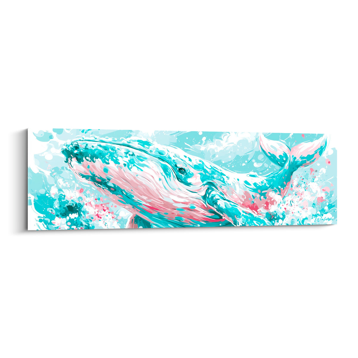 Baleine turquoise et rose surgissant des flots, éclaboussures blanches en pleine toile panoramique