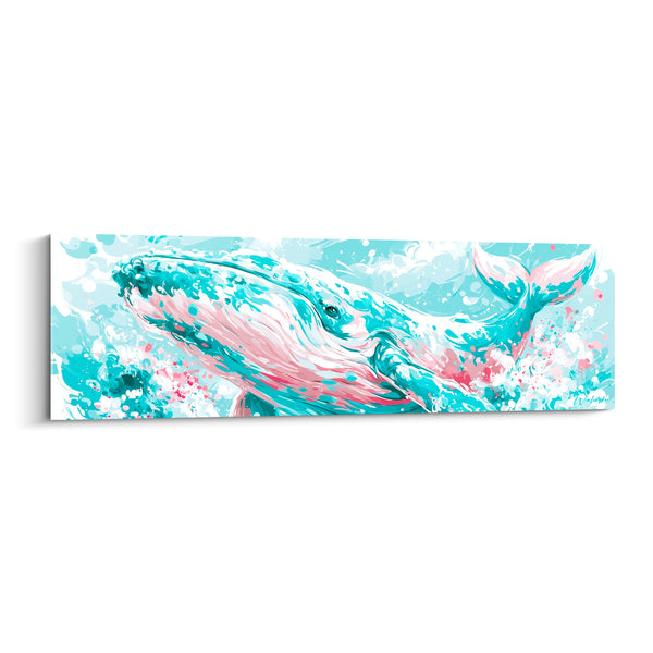 Tableau Baleine turquoise et rose éclaboussures blanches nageoire - bleu marin - Edition Baleine