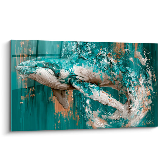 Baleine turquoise et dorée jaillissant dans un tourbillon d'écume blanche, style peinture texturée