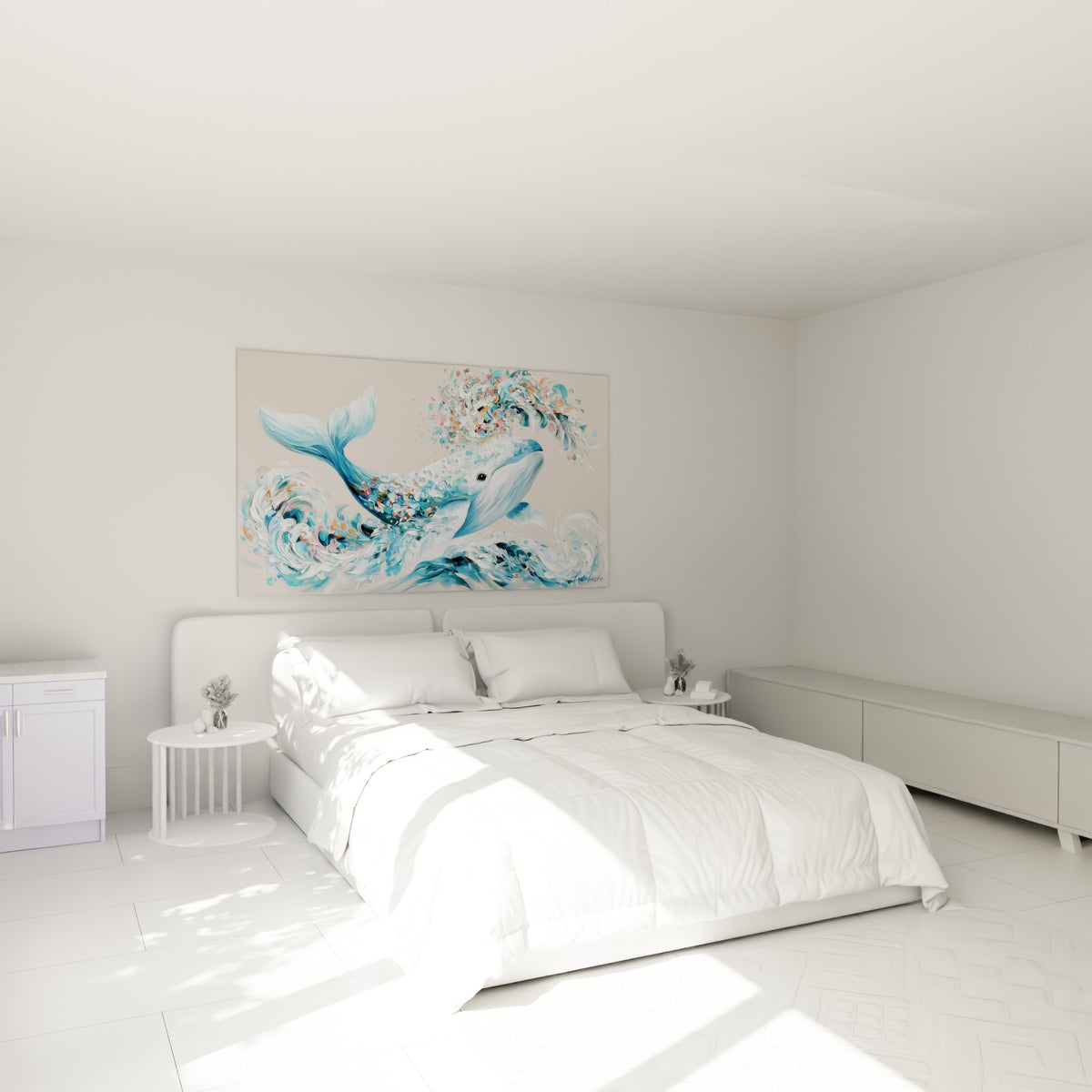 Cétacé turquoise et rose bondissant au-dessus d'un lit dans une chambre claire