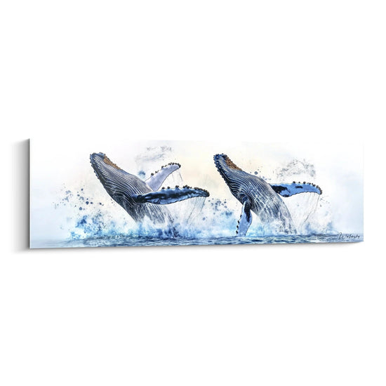 Tableau baleine Walensky représentant deux baleines à bosse sautant dans l'eau avec éclaboussures