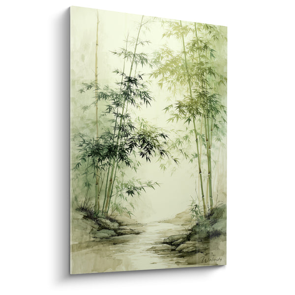 Tableau Ruisseau vert et beige entre rochers moussus - Berges rocheuses ombragées - Edition Bambou