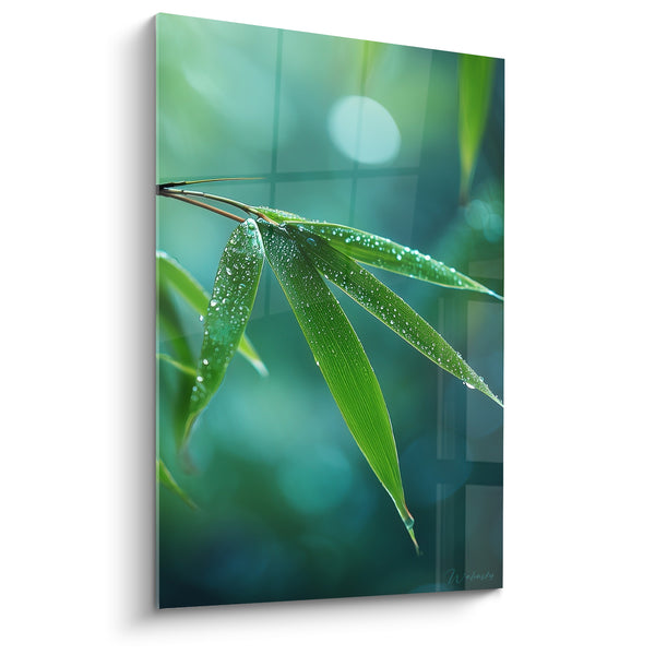 Tableau Feuilles vertes et turquoise perlées de gouttelettes - Halo lumineux flouté - Edition Bambou
