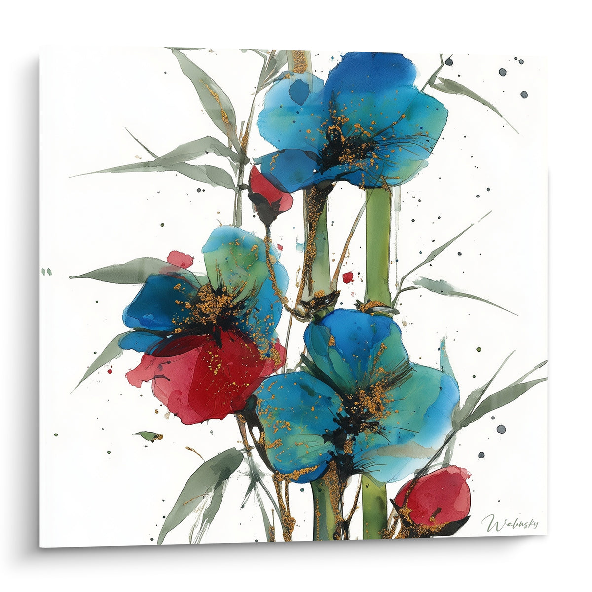 Fleurs bambou bleu turquoise et rouge terracotta peintes à l'encre sur fond blanc