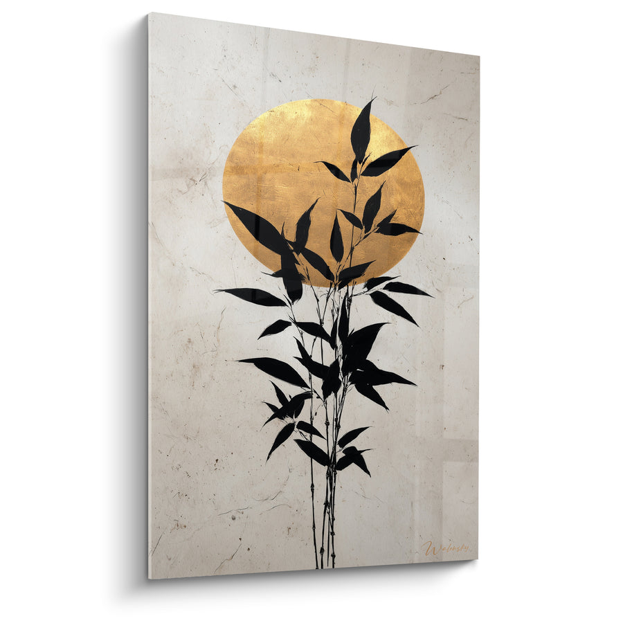 Tableau Bambou noir et doré sur fond marbré - Disque solaire orangé - Edition Bambou
