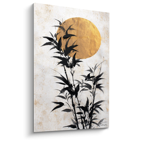 Tableau Bambou noir devant un soleil doré éclaboussé - Encre calligraphiée orientale - Edition Bambou