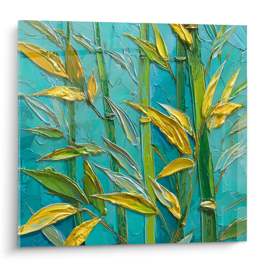 Bambou vert et doré aux feuilles texturées sur fond turquoise, peinture au couteau dense et vivante