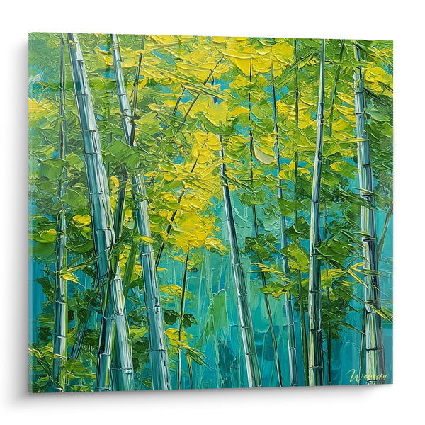 Tableau Bambouseraie turquoise et jaune vif au couteau - Clairière verdoyante - Edition Bambou