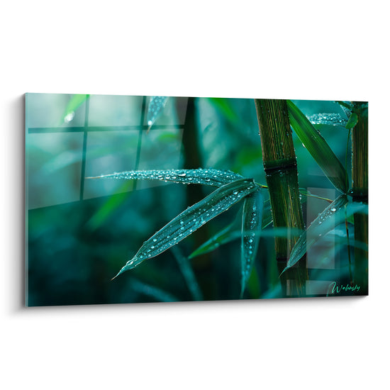 Bambou vert émeraude aux feuilles perlées de gouttes de rosée sur fond turquoise flouté