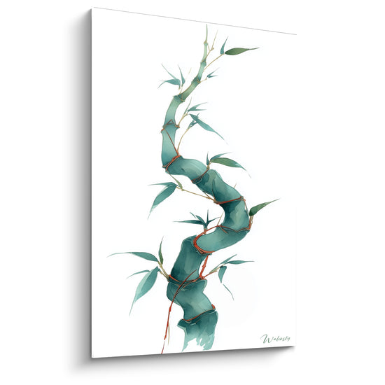 Tableau Tige turquoise et blanc fines nervures rouges - Aquarelle minimaliste sinueuse - Edition Bambou