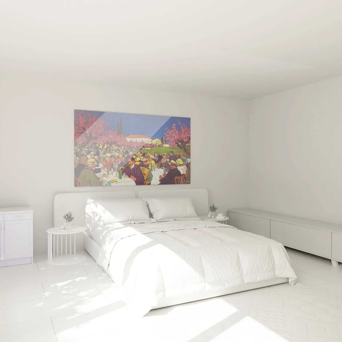 Tableau mural Walensky accroche au dessus d un lit blanc dans une chambre minimaliste tableau post impressionnisme original coloré