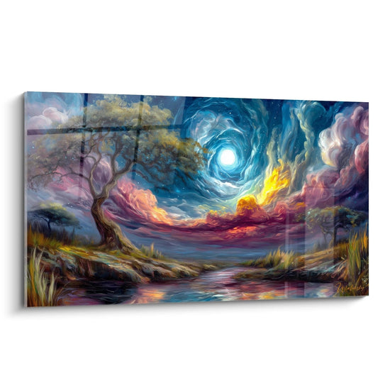 Tableau mural baobab paysage africain représentant un ciel étoilé et un reflet sur l'eau