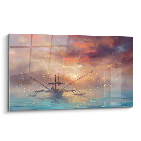 Tableau barque de pêcheur au coucher de soleil doré sur rivière turquoise avec effet fenêtre