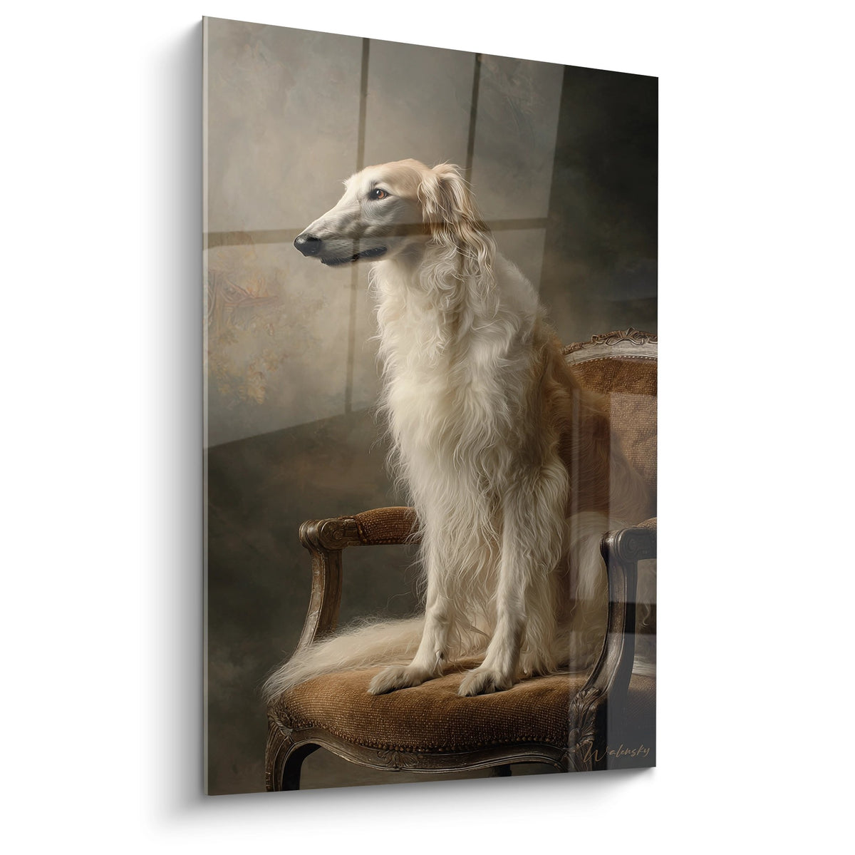 Portrait élégant de Barzoi blanc posé sur fauteuil ancien aux tons dorés et beiges