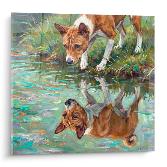 Peinture d'un chien Basenji roux et blanc se penchant vers l'eau turquoise avec reflets dans végétation luxuriante