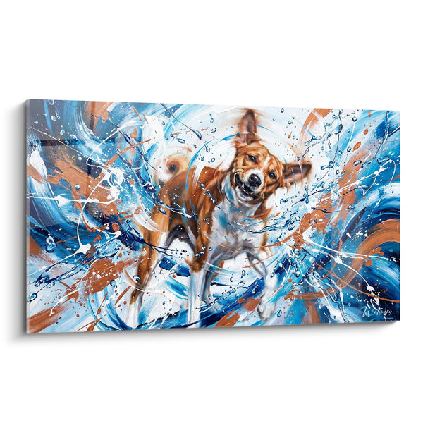 Tableau Chien Roux Éclaboussures Bleues - Explosion Aquatique - Edition Basenji