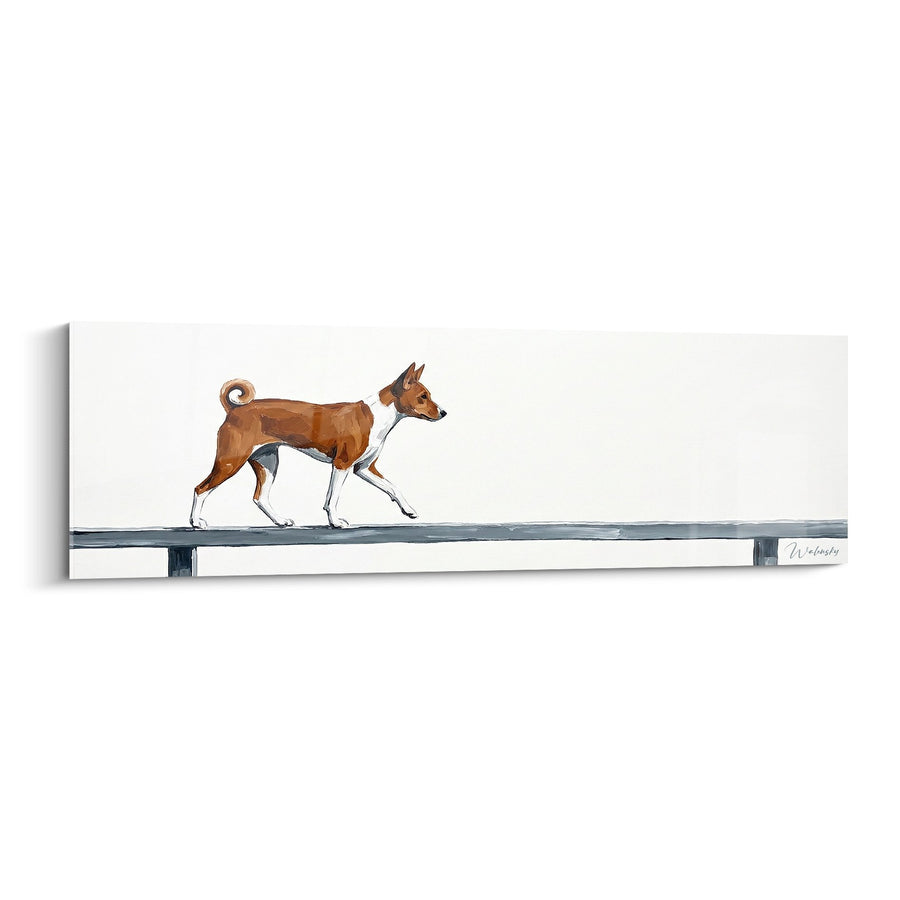 Tableau Chien Roux et Blanc en Mouvement sur Poutre Métallique - Élégance en Action - Edition Basenji