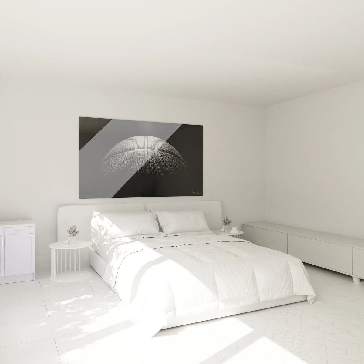 Tableau basketball noir et blanc dans ambiance chambre moderne déco sport