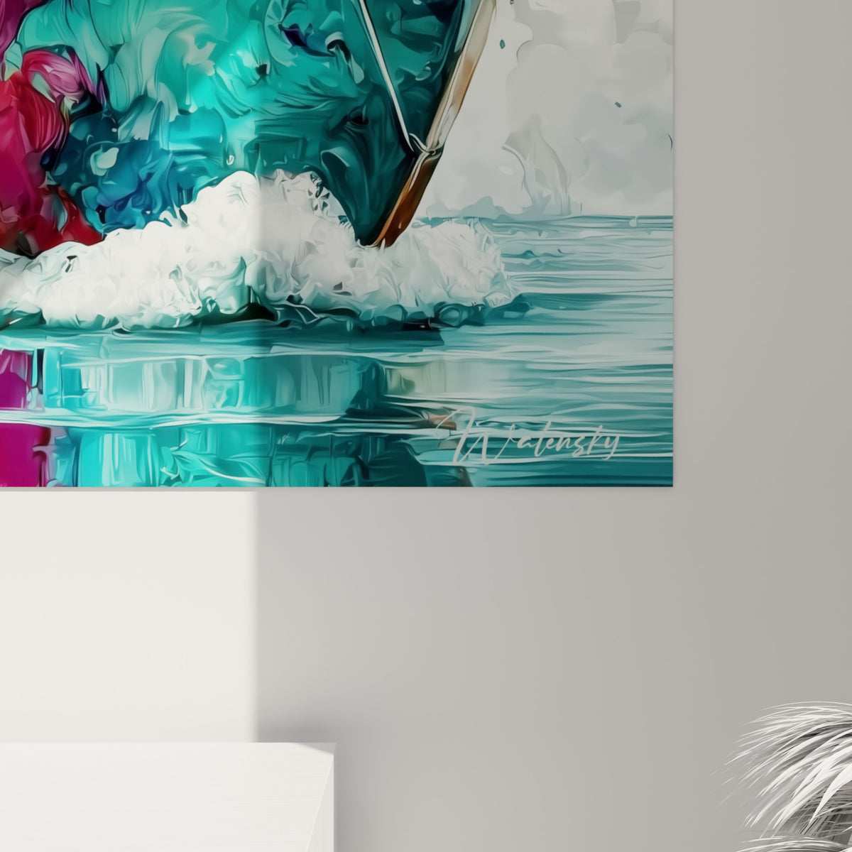 Empâtements colorés en turquoise, violet et orangé révélant la matière fluide de la toile de près