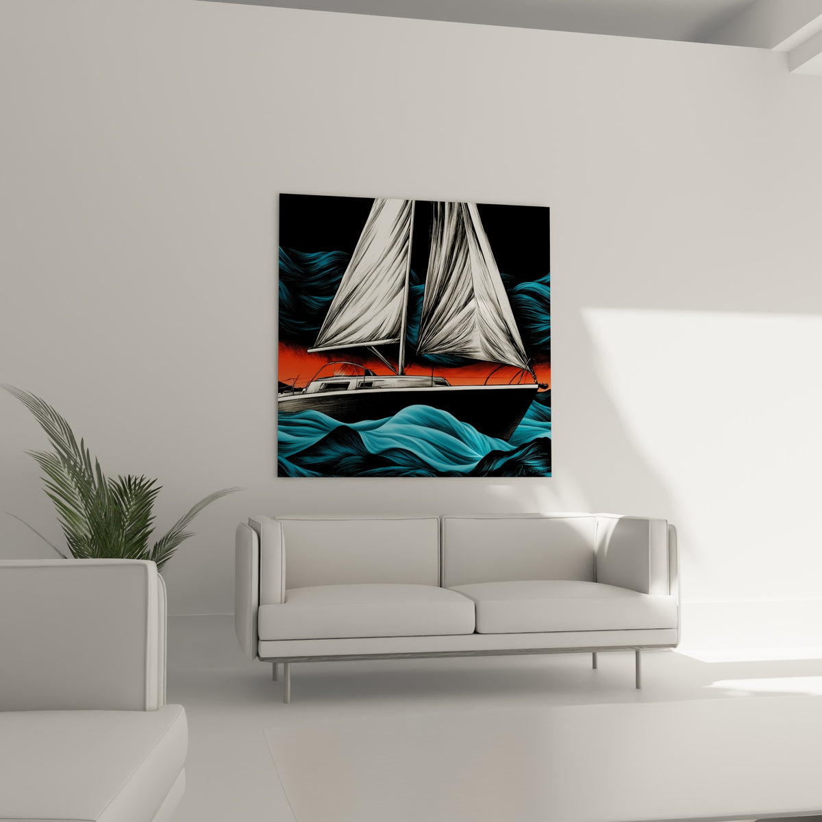 Bateau à voiles blanches traversant une mer turquoise agitée, tableau bateau abstrait au-dessus d'un canapé dans un salon lumineux