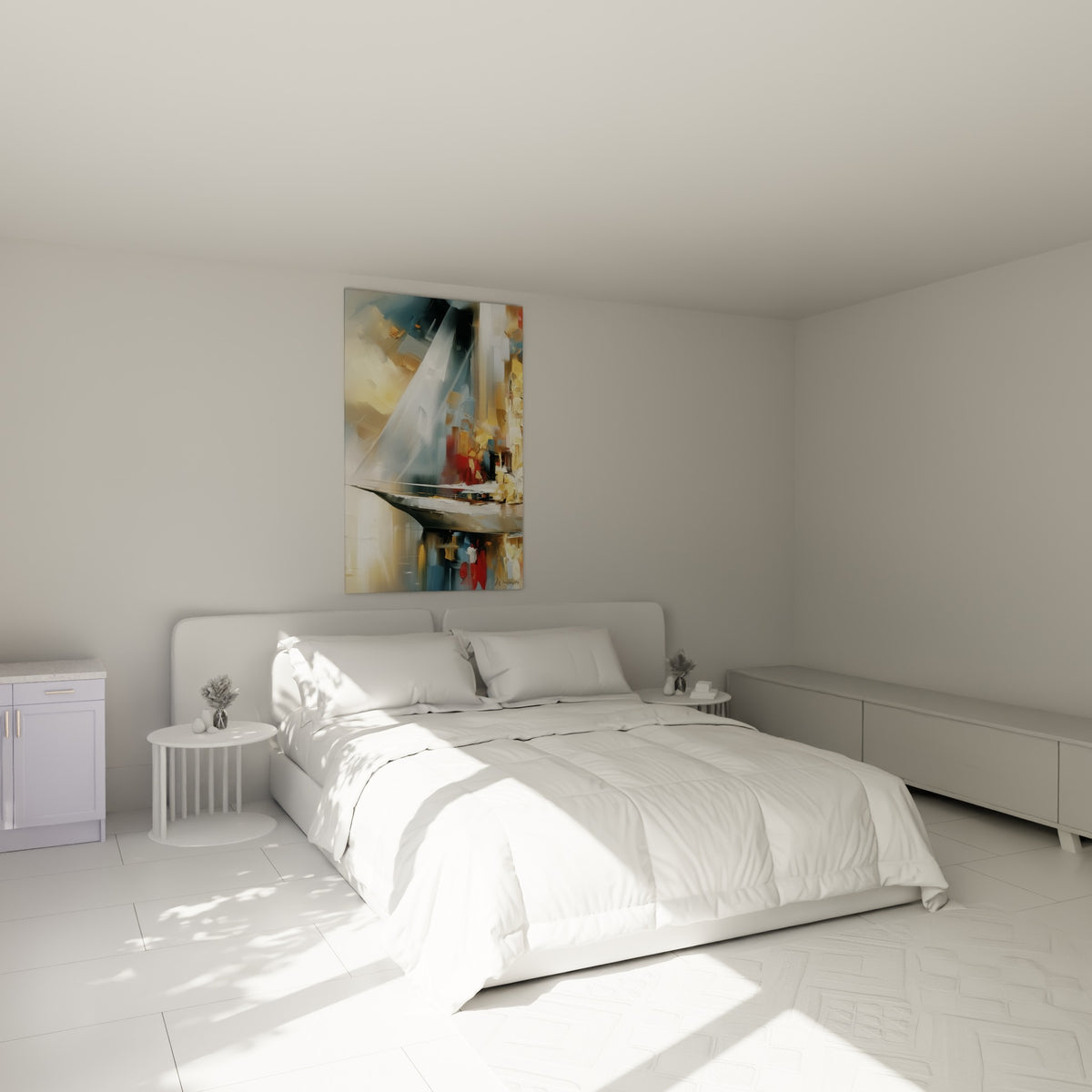 Voile blanche et coque anthracite du bateau abstrait au-dessus d'un lit dans une chambre claire