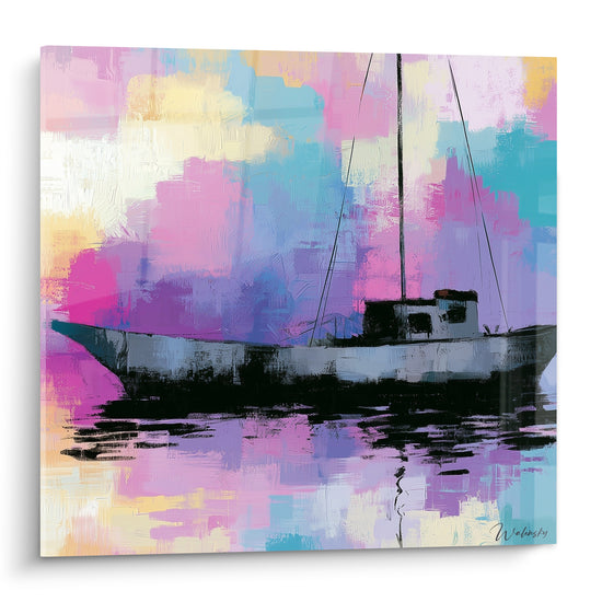 Bateau abstrait noir voguant sur une eau rose et turquoise aux touches picturales vaporeuses