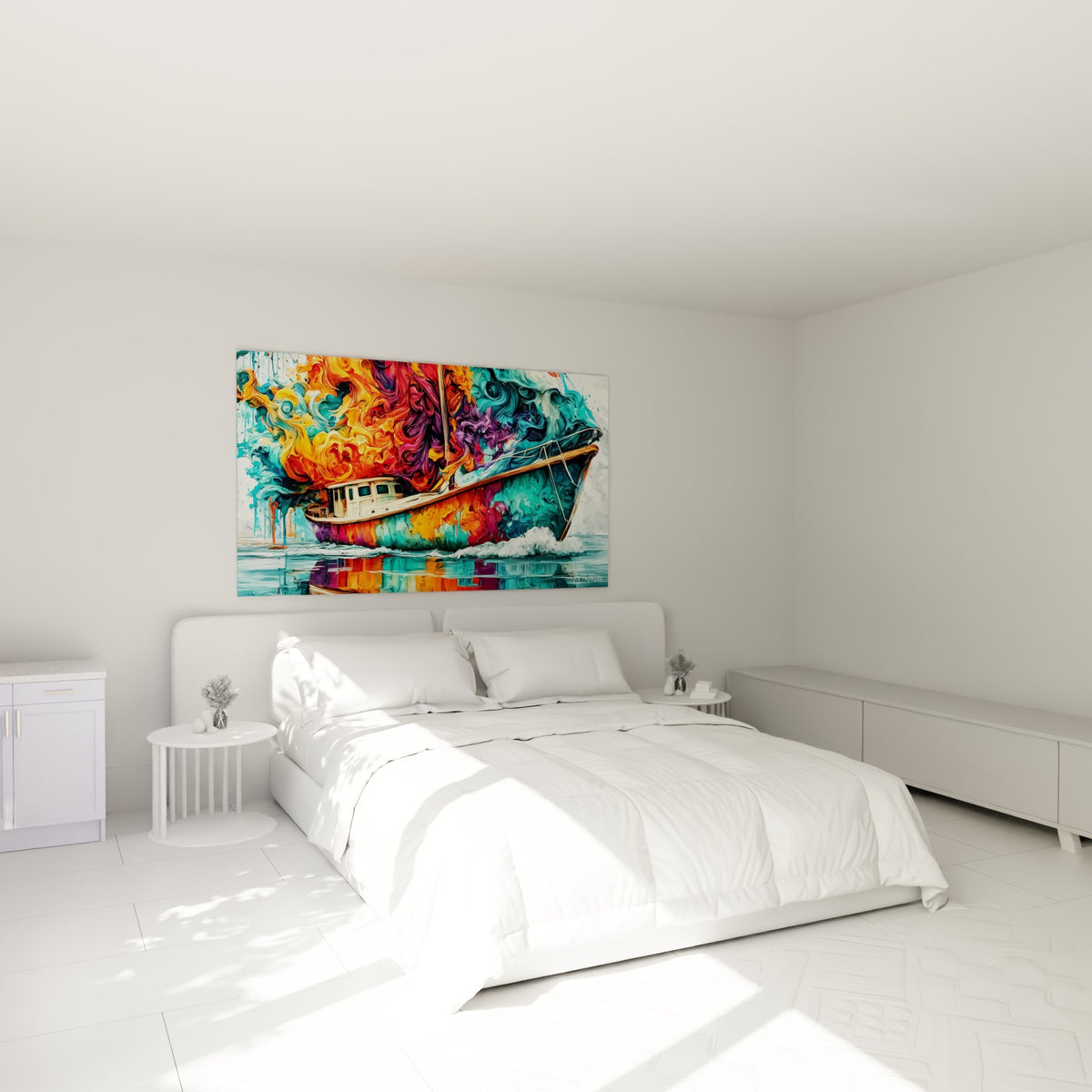 Voilier en bois cerné de flammes violettes et turquoise accroché au-dessus d'un lit dans une chambre claire